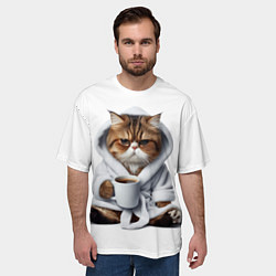 Футболка оверсайз мужская Котик в халате и кофе, цвет: 3D-принт — фото 2