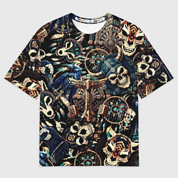Футболка оверсайз мужская Викинг-череп ворон, руны и молот Тора, цвет: 3D-принт