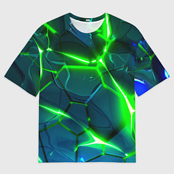 Футболка оверсайз мужская Неоновые яркие зеленые разломленные плиты со свето, цвет: 3D-принт