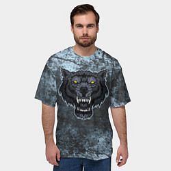 Футболка оверсайз мужская Темно-синий злой волк на абстрактном фоне, цвет: 3D-принт — фото 2