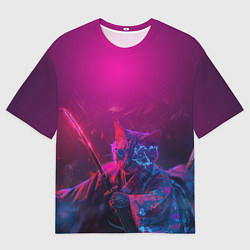 Футболка оверсайз мужская Кот самурай с катаной киберпанк, цвет: 3D-принт