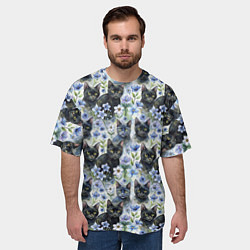 Футболка оверсайз мужская Черные коты в незабудках, цвет: 3D-принт — фото 2