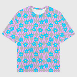 Мужская футболка оверсайз Голубые цветочки на розовом орнаменте