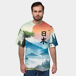 Футболка оверсайз мужская Восход красного солнца - Японский пейзаж, цвет: 3D-принт — фото 2
