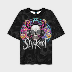 Футболка оверсайз мужская Slipknot на фоне черепа демона с рогами в очках, цвет: 3D-принт