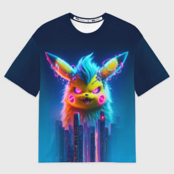 Футболка оверсайз мужская Кибер-Пикачу среди небоскрёбов - нейроарт, цвет: 3D-принт