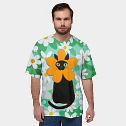 Футболка оверсайз мужская Черный кот хиппи в костюме цветочка, цвет: 3D-принт — фото 2