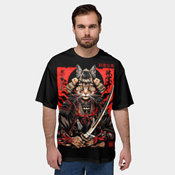 Футболка оверсайз мужская Кот самурай - гравюра, цвет: 3D-принт — фото 2