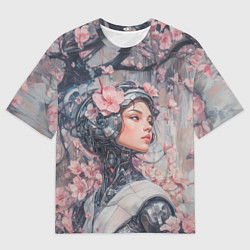Футболка оверсайз мужская Девушка андроид в розовых цветах, цвет: 3D-принт