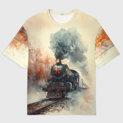 Футболка оверсайз мужская Ретро паровоз с красной звездой, цвет: 3D-принт