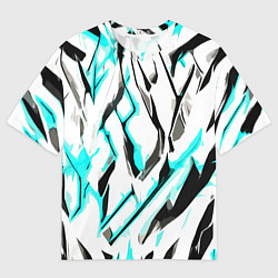 Футболка оверсайз мужская Чёрно-голубые агрессивные полосы на белом фоне, цвет: 3D-принт