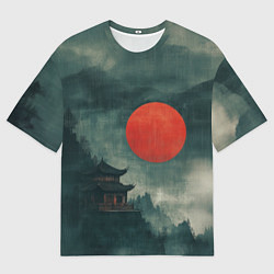 Футболка оверсайз мужская Храм в горах - японский пейзаж, цвет: 3D-принт