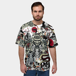 Футболка оверсайз мужская Японский самурай и драконы паттерн, цвет: 3D-принт — фото 2