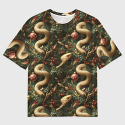 Футболка оверсайз мужская Паттерн со змеями и елкой, цвет: 3D-принт