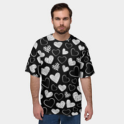 Футболка оверсайз мужская Белые сердечки на черном фоне, цвет: 3D-принт — фото 2