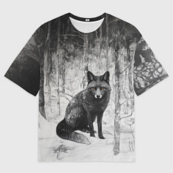 Мужская футболка оверсайз Серый лис в снежном лесу