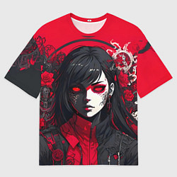 Футболка оверсайз мужская Девушка в стиле аниме в куртке на красном фоне, цвет: 3D-принт