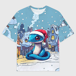 Футболка оверсайз мужская Синяя змея в новогоднем городе, цвет: 3D-принт