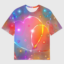 Мужская футболка оверсайз Неоновые сердца со звездочками