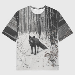 Футболка оверсайз мужская Черная лиса в заснеженном лесу, цвет: 3D-принт