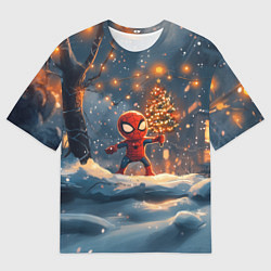Мужская футболка оверсайз Маленький человек-паук держит елку