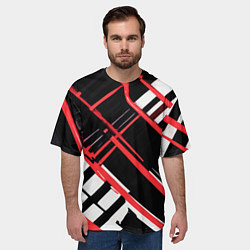 Футболка оверсайз мужская Красно-белые линии на чёрном фоне, цвет: 3D-принт — фото 2