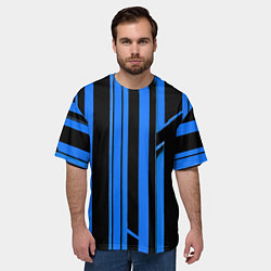 Футболка оверсайз мужская Толстые синие полосы на чёрном фоне, цвет: 3D-принт — фото 2