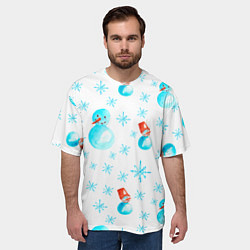 Футболка оверсайз мужская Зимний новогодний узор со снеговиками и снежинками, цвет: 3D-принт — фото 2