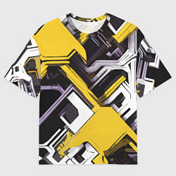 Футболка оверсайз мужская Бело-жёлтый техно паттерн на чёрном фоне, цвет: 3D-принт