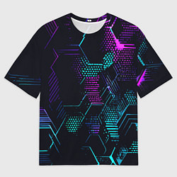 Футболка оверсайз мужская Розово-голубые точки и линии на чёрном фоне, цвет: 3D-принт