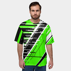 Футболка оверсайз мужская Чёрно-белые глитч полосы на зелёном фоне, цвет: 3D-принт — фото 2
