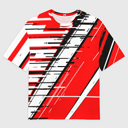 Футболка оверсайз мужская Чёрно-белые глитч полосы на красном фоне, цвет: 3D-принт