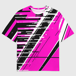 Футболка оверсайз мужская Чёрно-белые глитч полосы на розовом фоне, цвет: 3D-принт