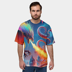 Футболка оверсайз мужская Огнедышащий дракон против осьминога - нейроарт фан, цвет: 3D-принт — фото 2