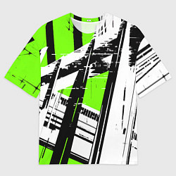 Футболка оверсайз мужская Чёрно-белые абстрактные линии на зелёном фоне, цвет: 3D-принт