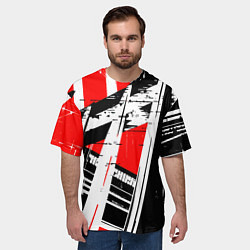 Футболка оверсайз мужская Чёрно-белые абстрактные линии на красном фоне, цвет: 3D-принт — фото 2