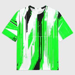 Футболка оверсайз мужская Вертикальные чёрно-белые линии на зелёном фоне, цвет: 3D-принт