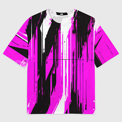 Мужская футболка оверсайз Вертикальные чёрно-белые линии на розовом фоне