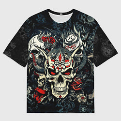 Мужская футболка оверсайз Маска Хання на черепе самурая на фоне духов