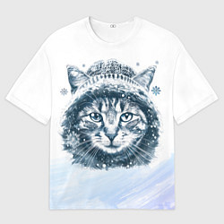 Футболка оверсайз мужская Котик в зимней шапке, цвет: 3D-принт