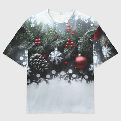 Мужская футболка оверсайз Елочные игрушки и снег