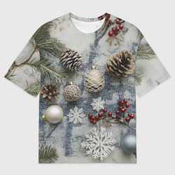 Мужская футболка оверсайз Новогодние игрушки и шишки