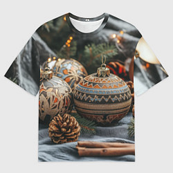 Мужская футболка оверсайз Новогодние шары и шишки