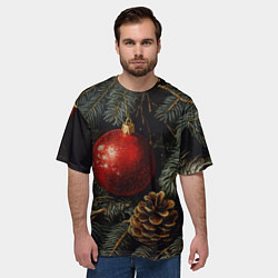 Футболка оверсайз мужская Красные новогодние шары с шишкой, цвет: 3D-принт — фото 2