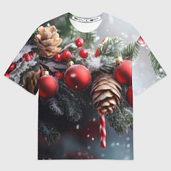 Футболка оверсайз мужская Новогодние украшения на ветках, цвет: 3D-принт