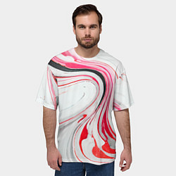Футболка оверсайз мужская Волнистые чёрно-красные линии на белом фоне, цвет: 3D-принт — фото 2