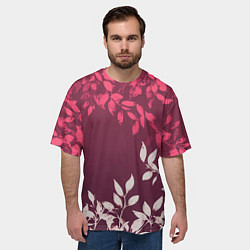 Футболка оверсайз мужская Листья на бордовом фоне - нейросеть, цвет: 3D-принт — фото 2