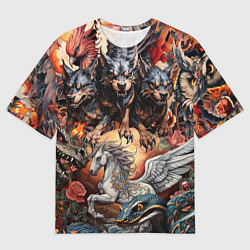 Футболка оверсайз мужская Мифические существа в стиле татуировки Ирезуми, цвет: 3D-принт