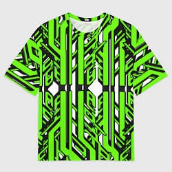Футболка оверсайз мужская Чёрно-зелёные техно полосы на белом фоне, цвет: 3D-принт
