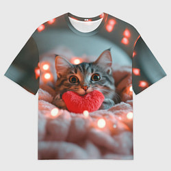 Футболка оверсайз мужская Котик с сердечком, цвет: 3D-принт